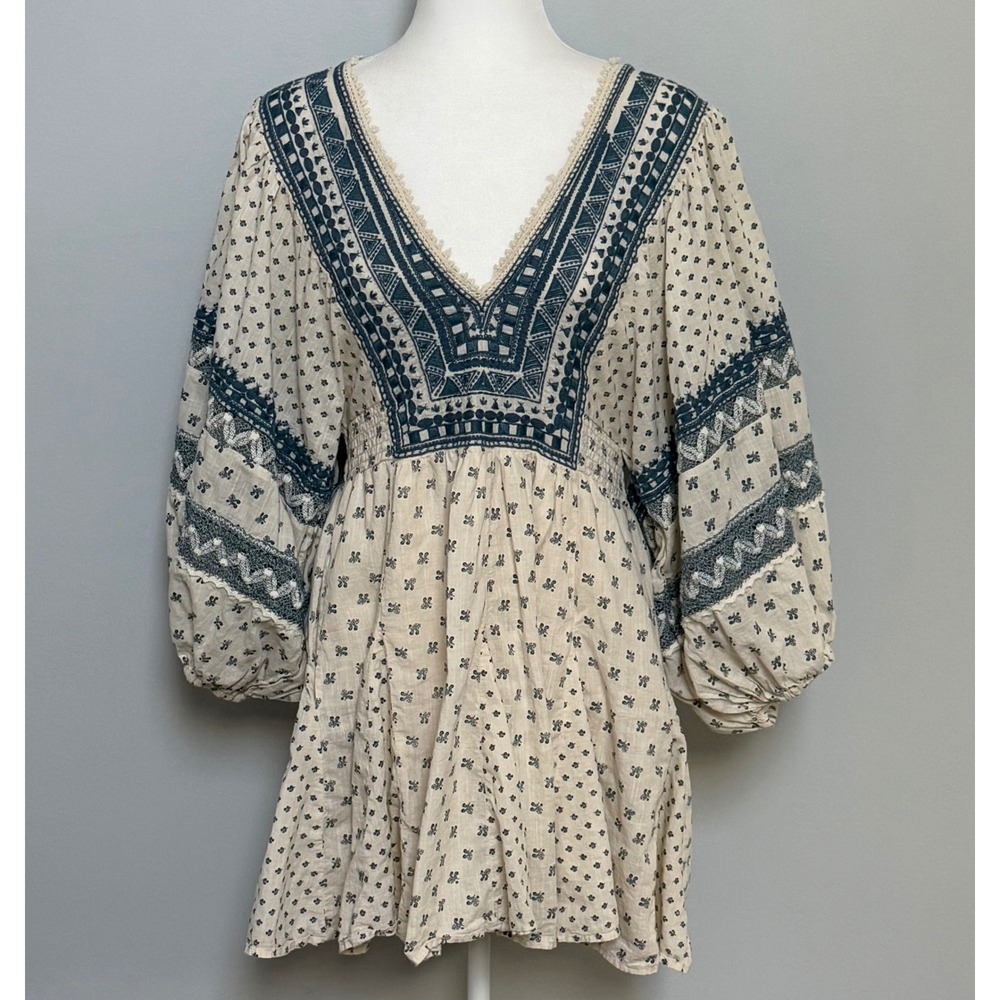 Free People Sweet Southwest Embroidered Mini Dress Boho Cream Blue Size Large